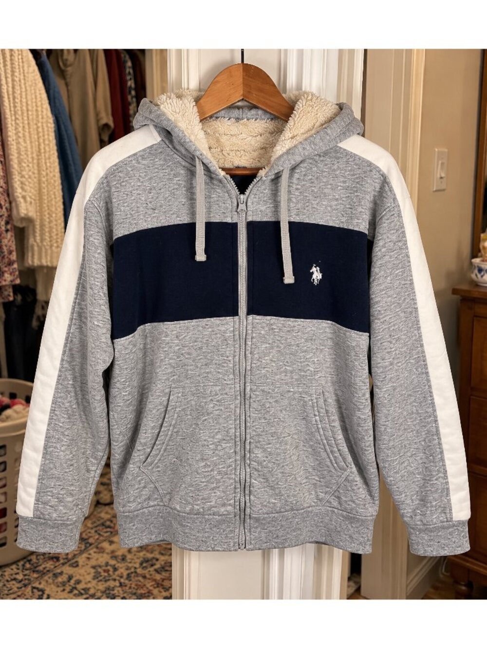 U.S. Polo Assn Sherpa Lined Hoodie Mens Large Gray Navy Full Zip Colorblock Good